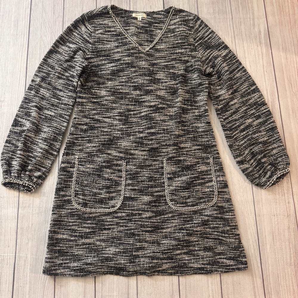 Max Studio Women's L Black White Tweed Shift Dress V-Neck Pockets Long Sleeve